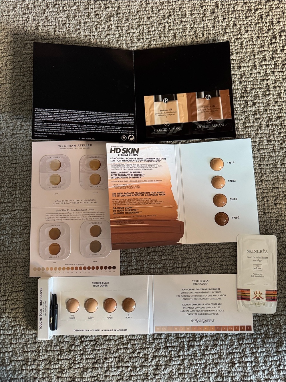 Foundation samples Make up forever HD Hydra Glow, touche eclat, Sisley, Armani